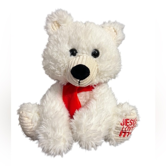 Fiesta 9.5" Scruffy Polar Bear with Red Scarf and Jesus Loves Me Embroidered - Picture 1 of 8